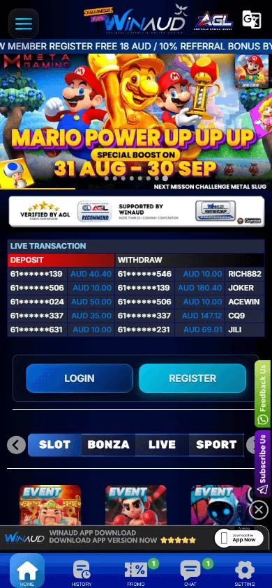 Winaud Casino games interface on a mobile browser