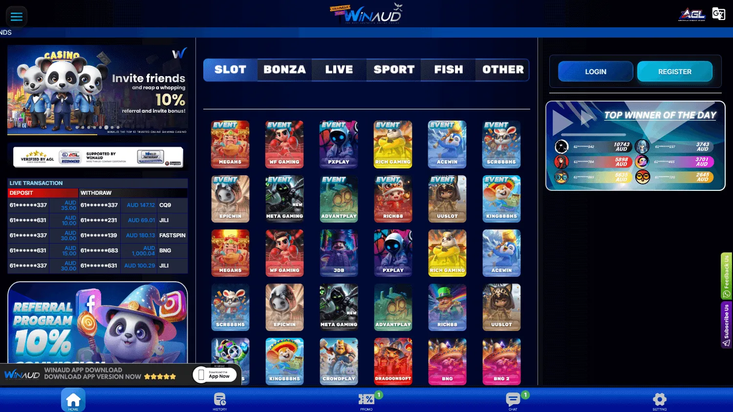 Winaud Casino games interface on desktop