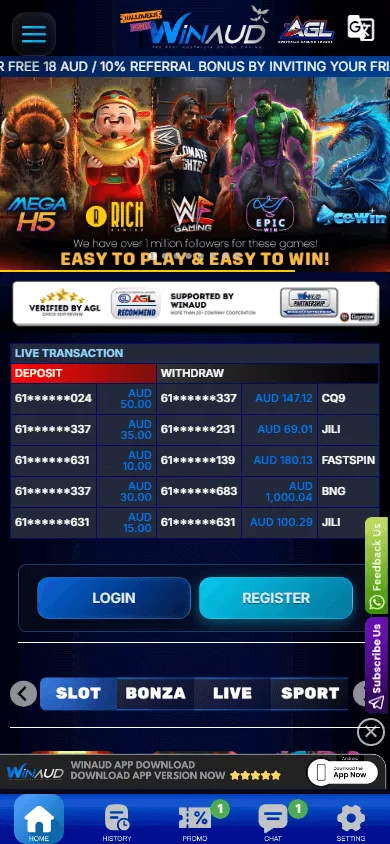 Winaud Casino home interface on a mobile browser