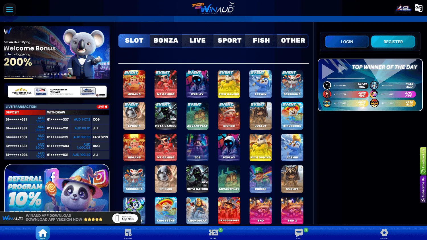 Winaud Casino home interface on desktop