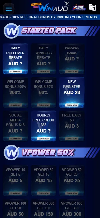 Winaud Casino promotions interface on a mobile browser