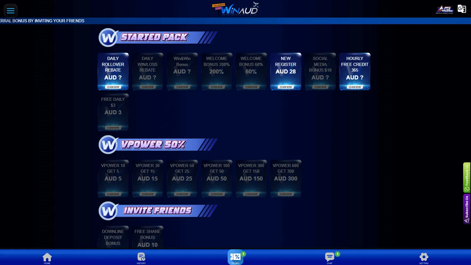 Winaud Casino promotions interface on desktop
